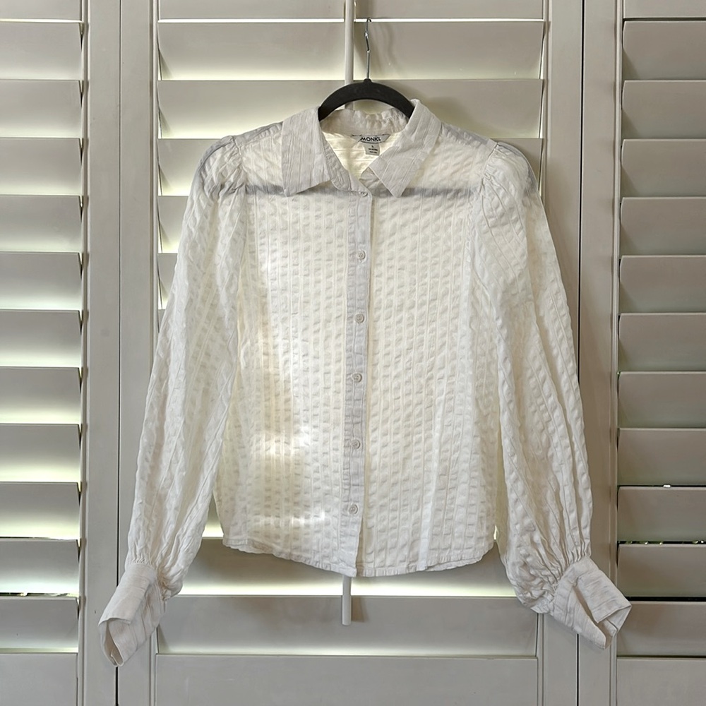 Monki Balloon Sleeve Button Down Shirt White Textured Collared